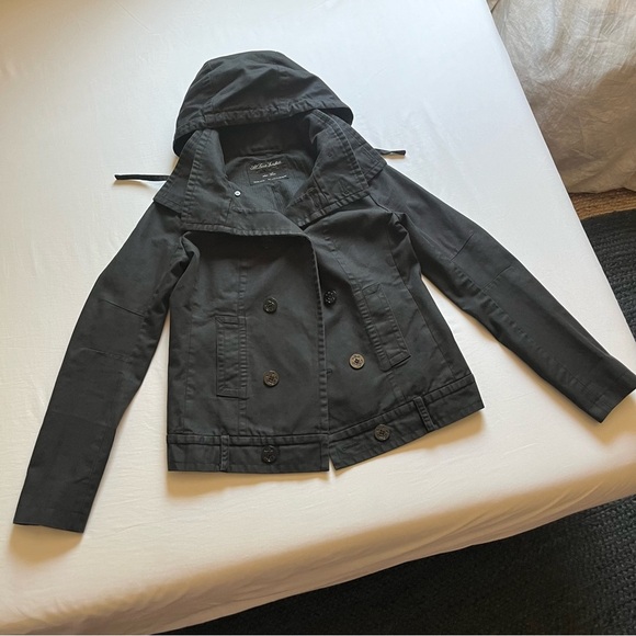 ALLSAINTS black hooded double breasted cotton long sleeve coat jacket